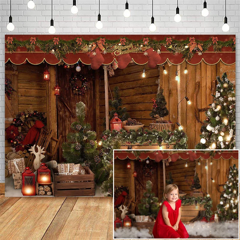 

Christmas Backdrop Wooden House Christmas Tree Decoratioms Children Birthday Portrait Photographic Studio Photo Background