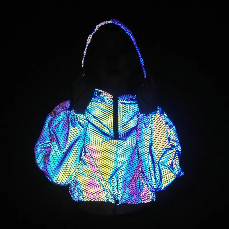 Women Reflective Rainbow Jacket Jogger Crop Top Fish Scale Drawstring Front Pocket Hooded Coat Hip Hop Dance Party Streetwear