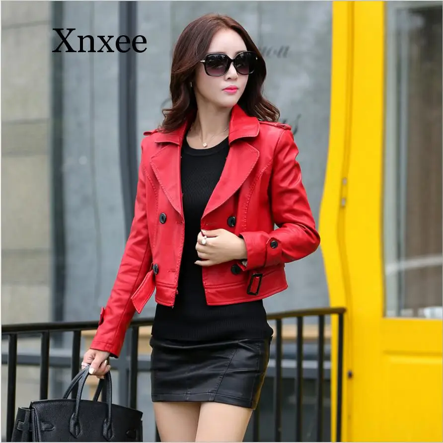 Elegant Vintage Red Women Long Leather Jacket Slim  Bow Belt Motorcycle PU Leather Long Jacket Coat Leather Trench