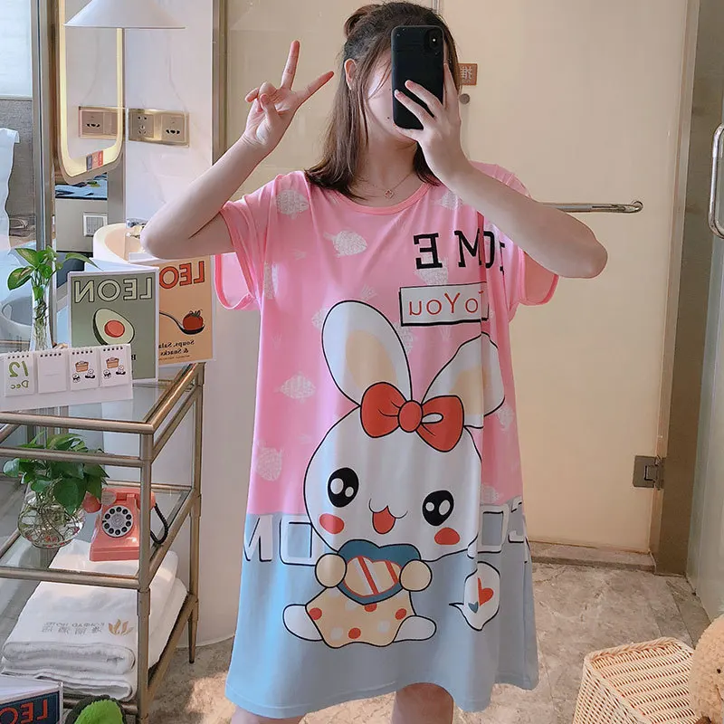 Plus Size Summer Loose Women Nightdress Short Sleeves Cute Cartoon Nightgowns Sweet Casual Sleepwear Girls Sleepdress Nightie