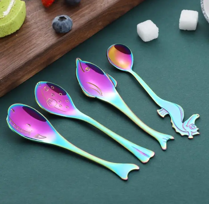 304 Stainless Steel Creative fish, seahorse spoon, dolphin, whale, puffer Mixing Spoon Coffee cup Hanging spoon SN634