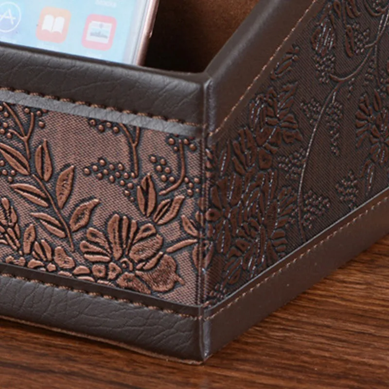 Retro PU Leather Cosmetic Storage Box Remote Control Phone Holder Table Organizer for Home Office Storage Case