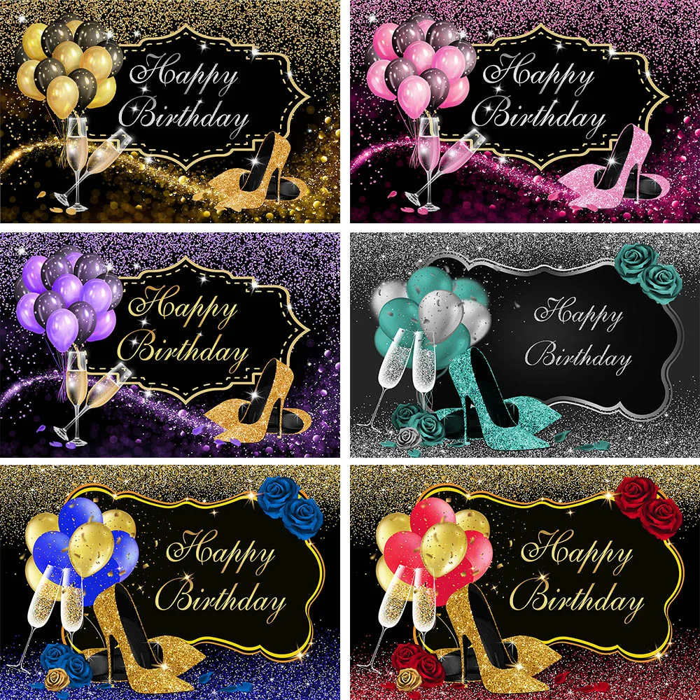 Mocsicka Glitter Fabulous Women Birthday Party Backdrop for Photography Balloon High Heel Happy Birthday Photo Background Decor