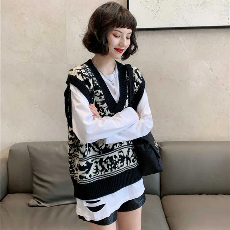 Sweater Vest Knitted Womens Harajuku Vintage V-Neck Korean Style Sleeveless Casual Loose Tops Elegant Lovely Ulzzang Female Hot