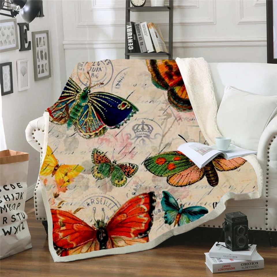 

Plstar Cosmos Colorful butterfly insect Blanket 3D print Sherpa Blanket on Bed Kids Girl Flower Home Textiles Dreamlike style-10