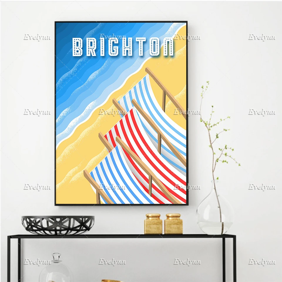 Brighton Beach Poster, Vintage Seaside Travel Poster,Wall Art Prints Home Decor Canvas Unique Gift Unique Gift Floating Frame