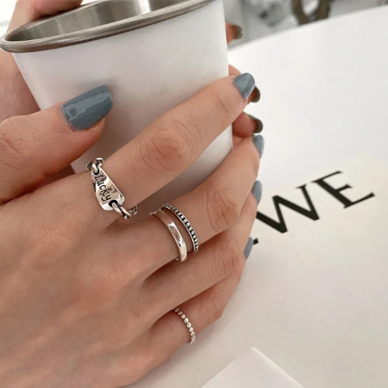 VENTFILLE Silver Color Lucky Letter Rings For Women Dot Double Layer Simple Open Rings Dropshipping Wholesale