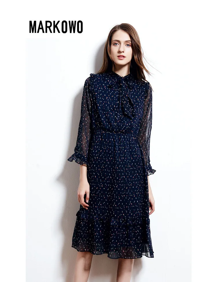 MARKOWO Desinger Brand  2022 New Printed Dress Europe and America Women Fashion Long Sleeve Chiffon Long Dress