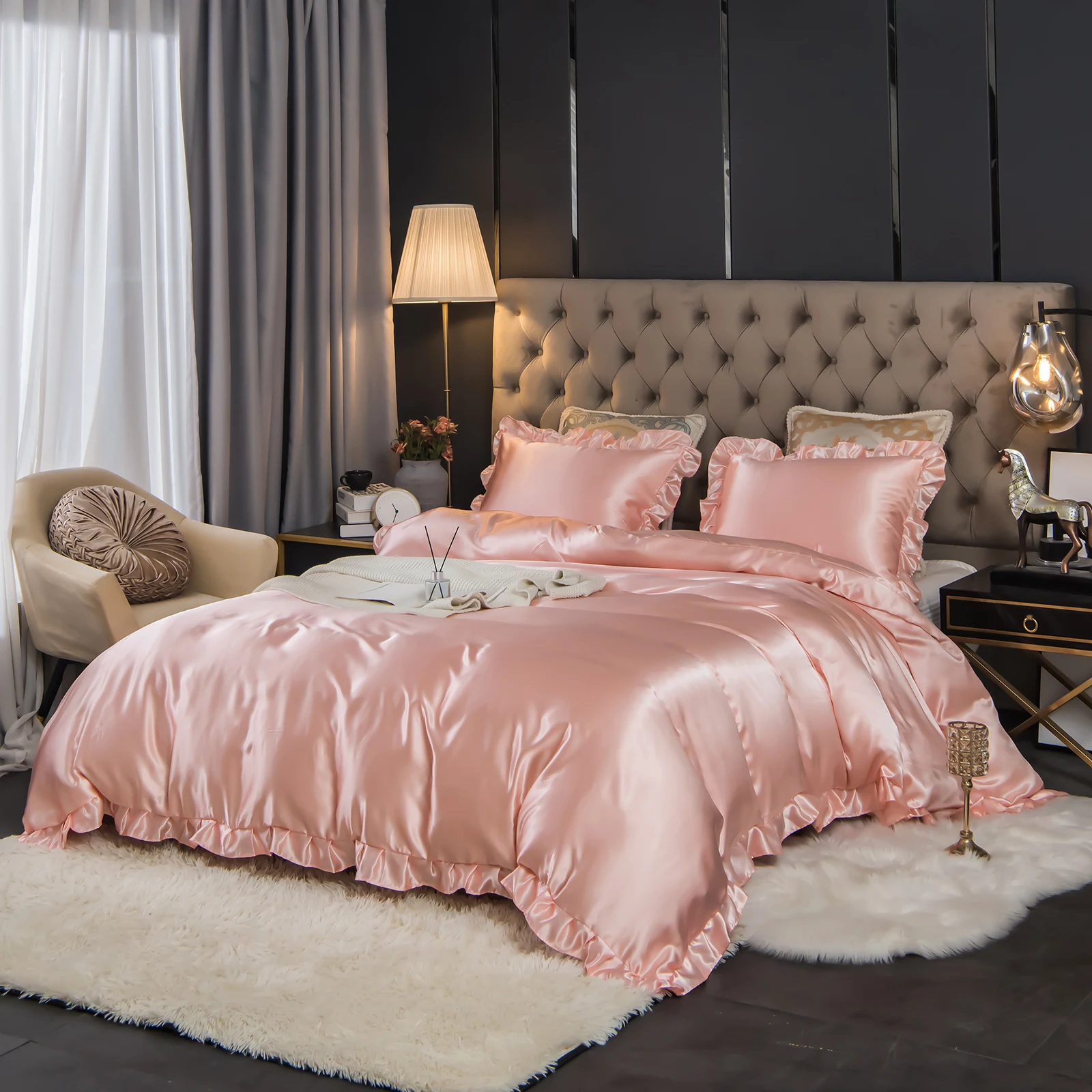 Pink Silk Satin Bedding Luxury Silky Ruffle Duvet Cover Set Shabby Chic Ruffle Lace Design Light Pink Dropshipers Bedding Sets