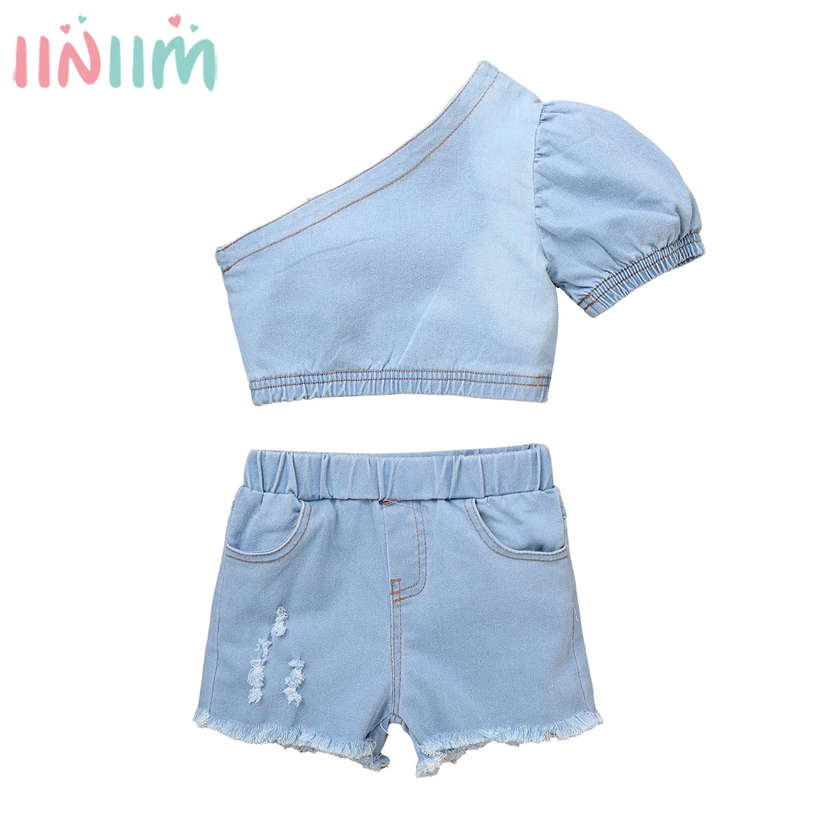 

Summer Toddler Baby Girls Clothes Sets Short Sleeve Single Shoulder Crop Tops with Ripped Blue Denim Shorts 2PCS Outfit 1-5Y