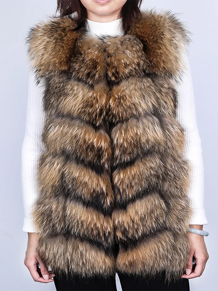 Maomaokong Natuurlijke Wasbeer Echt Bont Jas Dames Vest Bont Mid-Lengte Winter Warm Echte Bontjas Luxe Vrouwen Jas top Vest - afbeelding 2