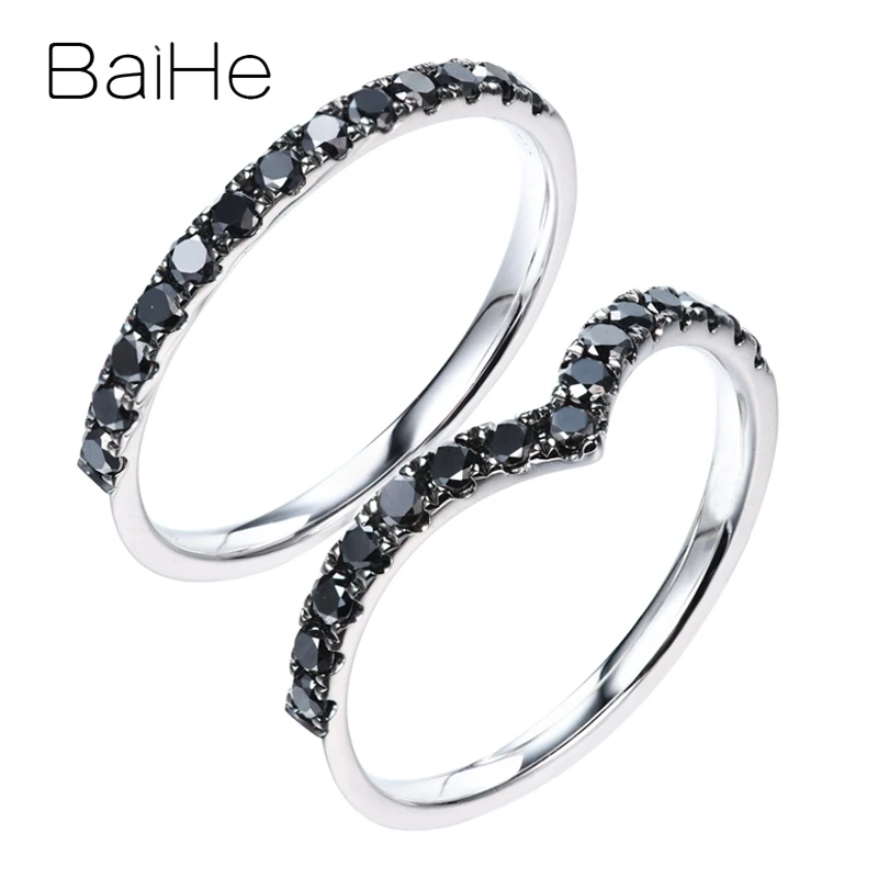 BAIHE Solid 14K White Gold Natural Black Diamond Ring Women Men Engagement Trendy Fine Jewelry Making Anillo diamante negro