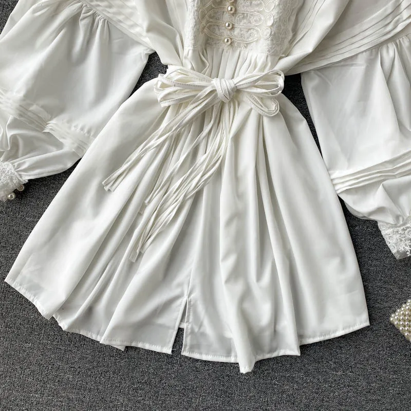 Court Style Belt Lace Up Mini Dress 2022 Stand Collar Embroidery White Long Sleeve Slim Retro Lantern Sleeve Pleated Party Dress