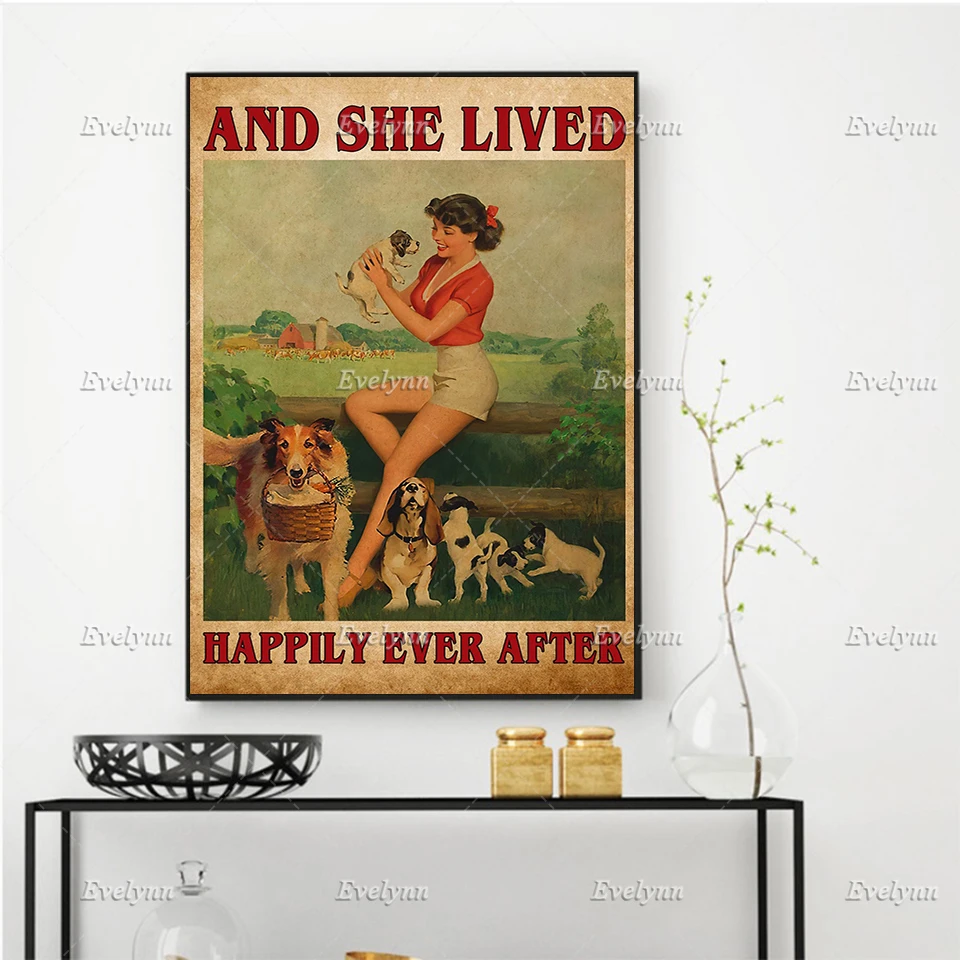 Girl And Dog Lovers Retro Poster And She Lived Happily Ever After Wall Art Prints Home Decor Canvas Floating Frame Unique Gift