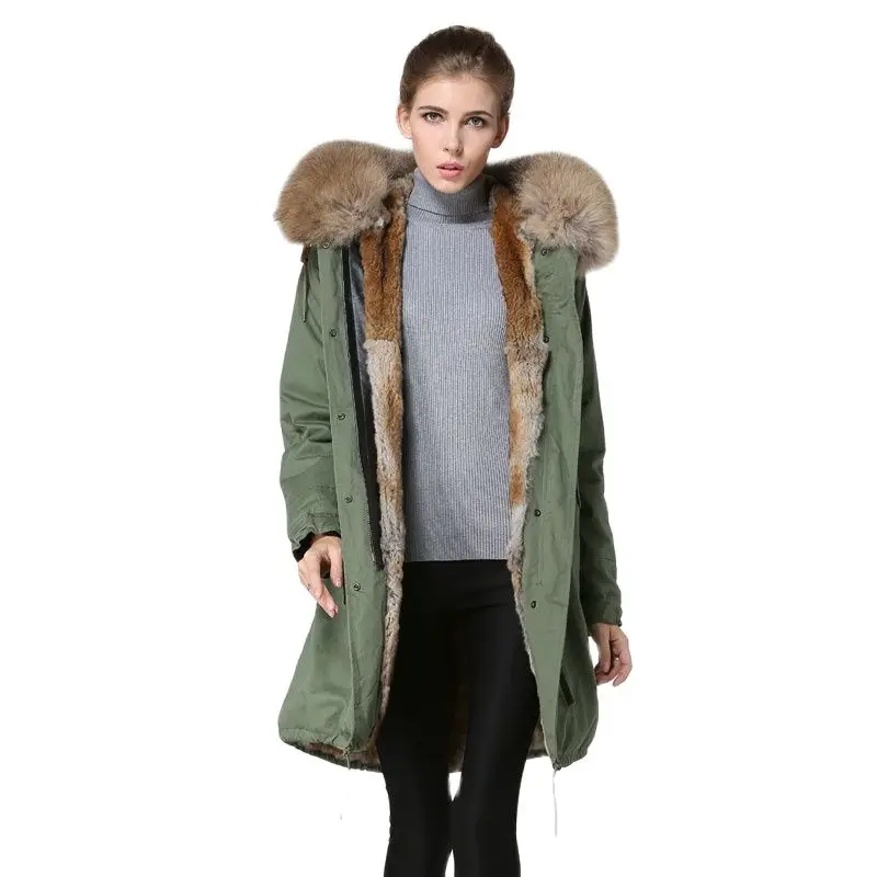 

Womens Army Green Long Style Fur Parka Winter Silm Warm Mr&Mrs Real Rabbit Fur Coat Long Fashion Jacket For Wholesale