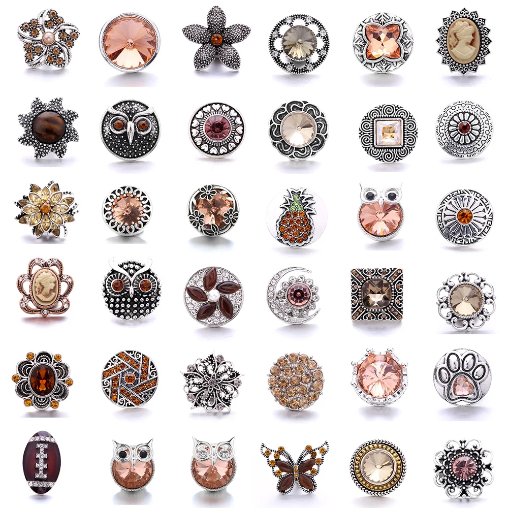 

Fashion 5Pcs High Quality Snap Button Jewelry 40 Style Brown Crystal Snap Button Women's 18mm Snap Bracelet Necklace Accessories