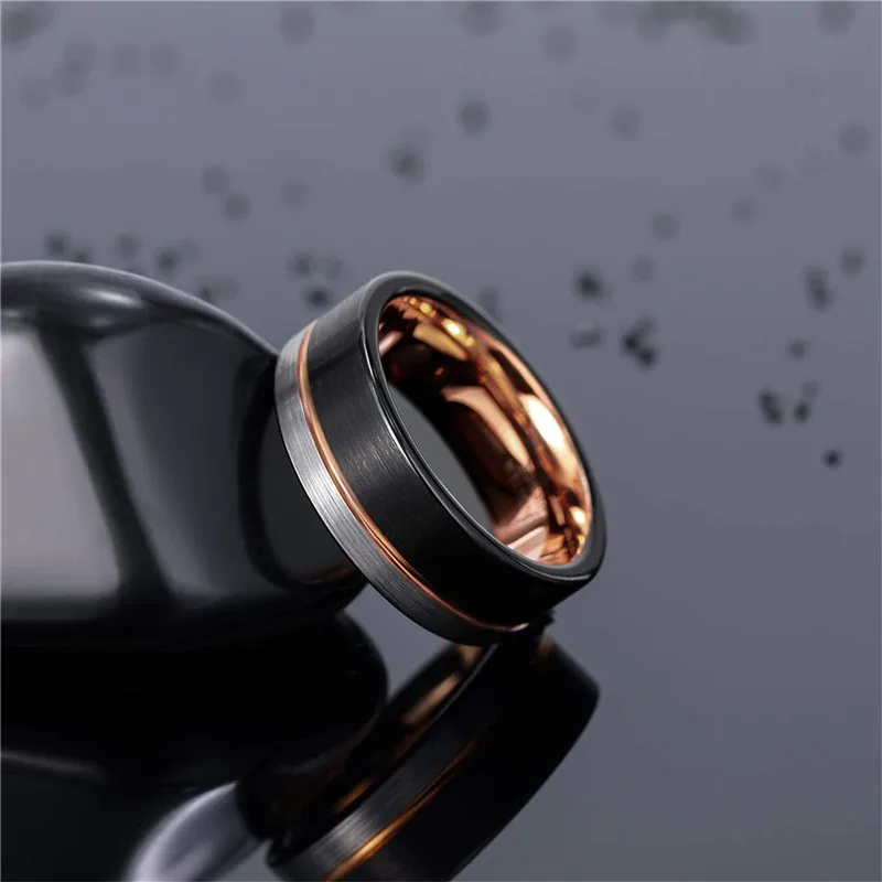 TIGRADE Men Tungsten Ring Black Rose Gold Line Brushed 6/8mm Wedding Band Engagement Rings Men\'s Party Trendy Bague Homme