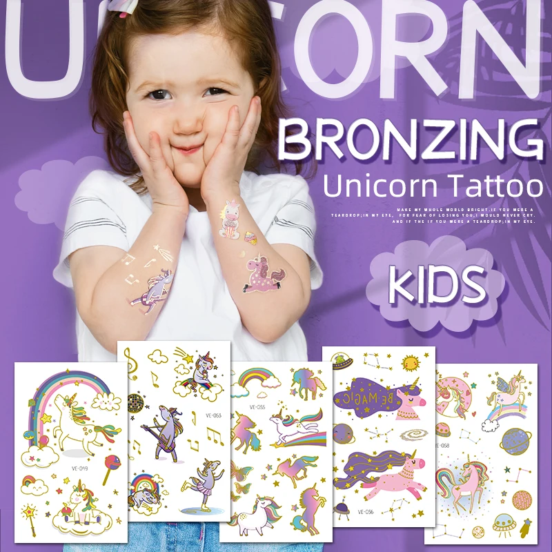 

1PCS Bronzing Unicorn Tattoo face Temporary Tattoos for Child Tattoo Sticker For Kids Cute Tattoos Body Fake Taty glitter tattoo