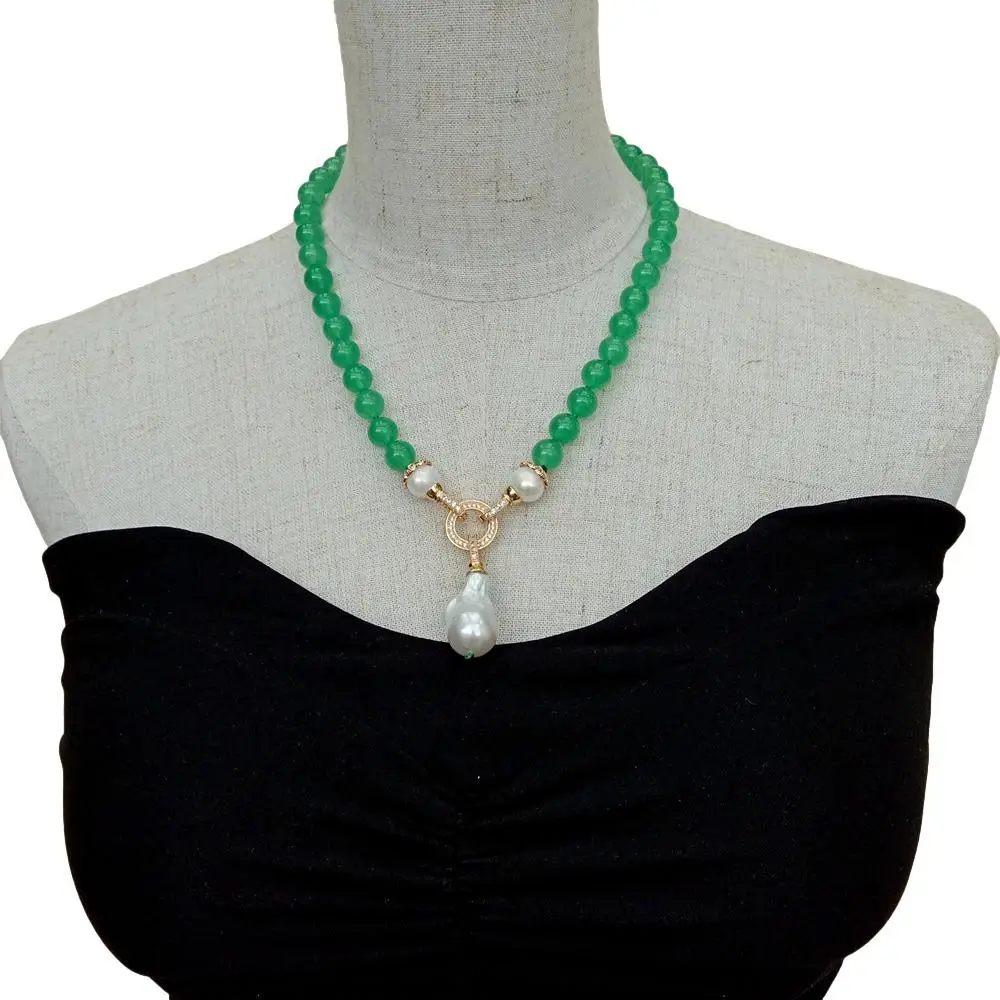

YYGEM 14x24mm white keshi Pearl Pendant 10mm Natural Green round jade Necklace