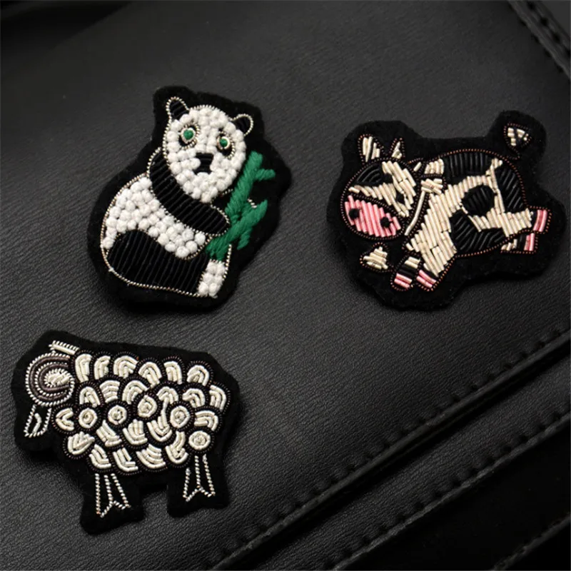 MAXSIN FUN  1 Pc High Quality Handmade Embroidered Indian-Silk  Panda Sheep Cow Brooch Garment Accessories Pin Decorative Patch