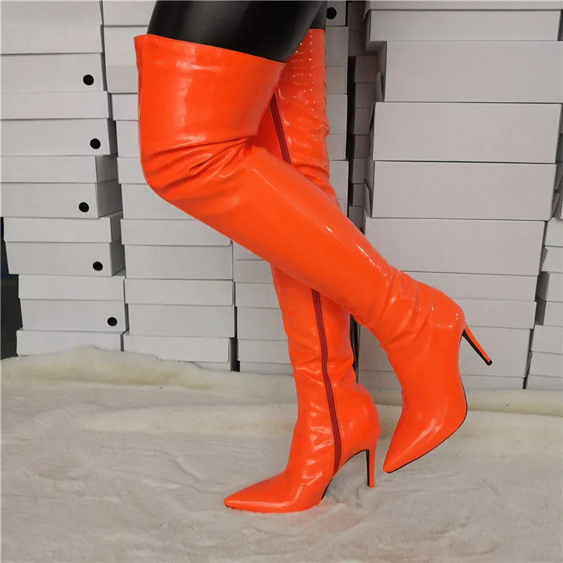 Real Photo Sexy Ladies Orange Stiletto Leather Women Thigh High Crotch Boots Latex High Heel Women's winter Spring Shoe Overknee