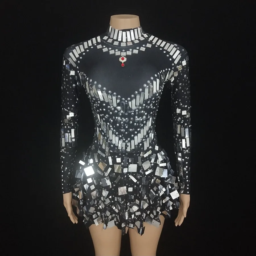 Black White Nude Mirrors Sequins Mini Short Dress Women Dancer Team Performance Stage Wear Birthday Evening Party Dance Costume