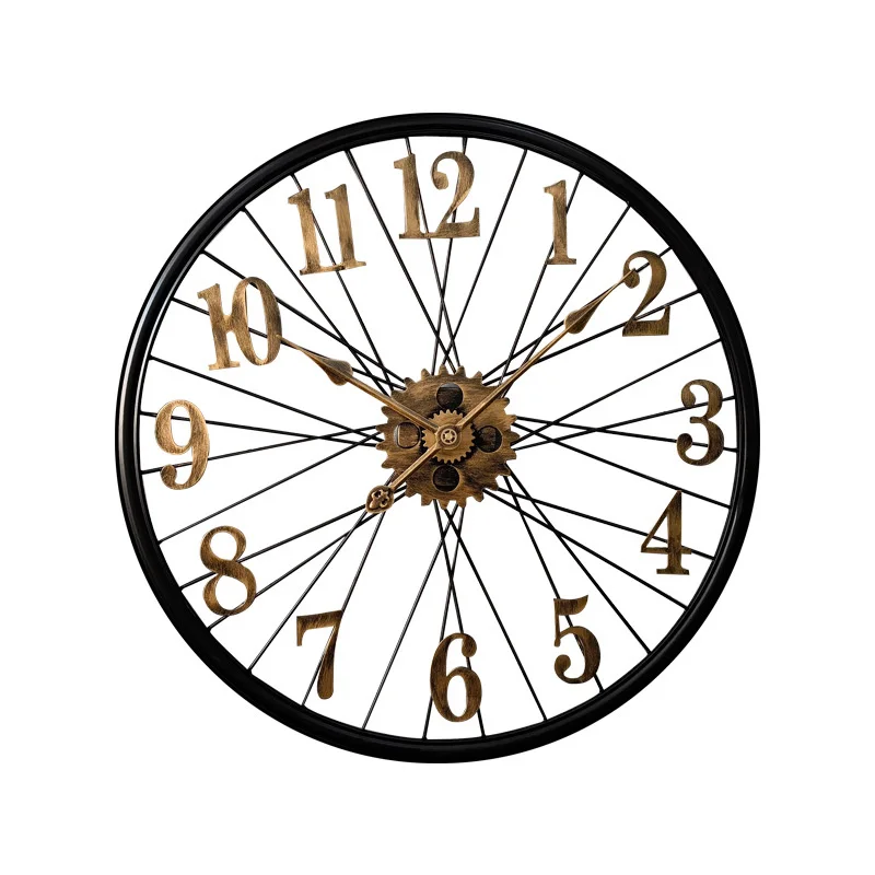 Large Mute Wall Clock 3D Nostalgic Wall Clock Creative Wall Decoration Clock Industrial Style Used Wheel Household Wall Watch