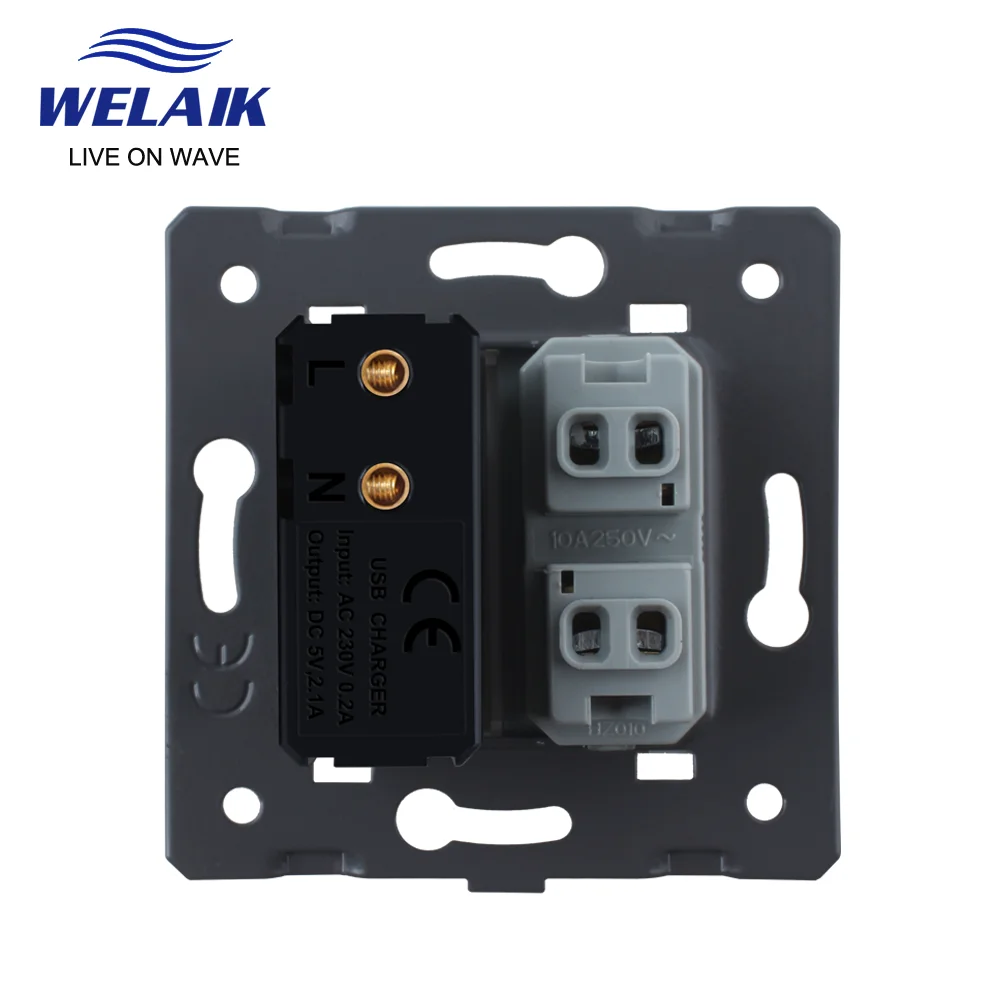 WELAIK EU Standard  2-hole Multi-function 5V 2100mA 2.1A USB Wall Socket DIY Parts  Without Glass-Panel  45*45mm A8TSUSW