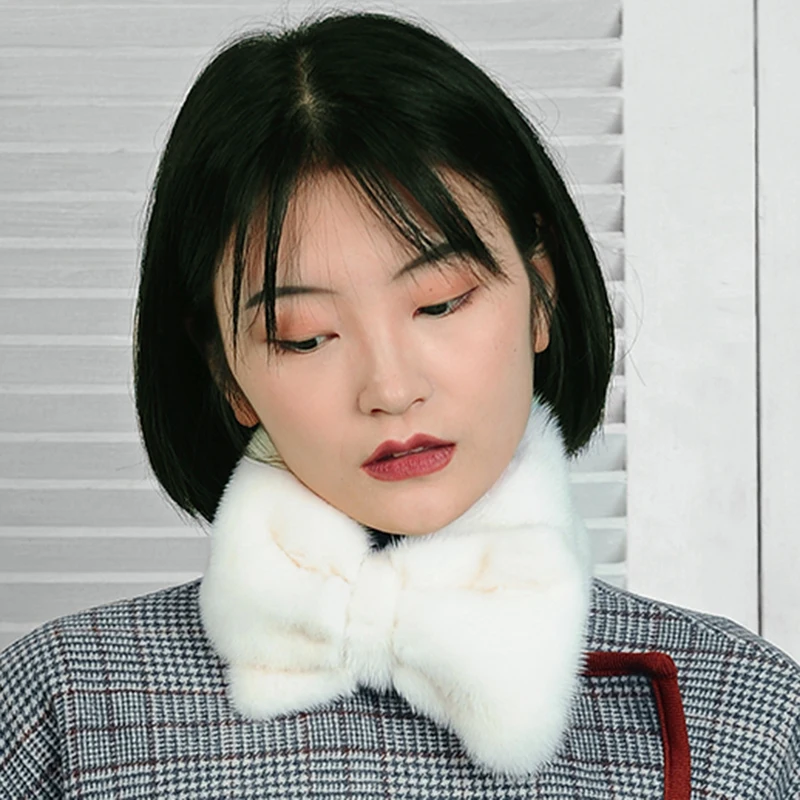 

Bow Tie women's real mink fur scarf white black autumn winter warm neckwear Neck tie Kroean style neck ring S294