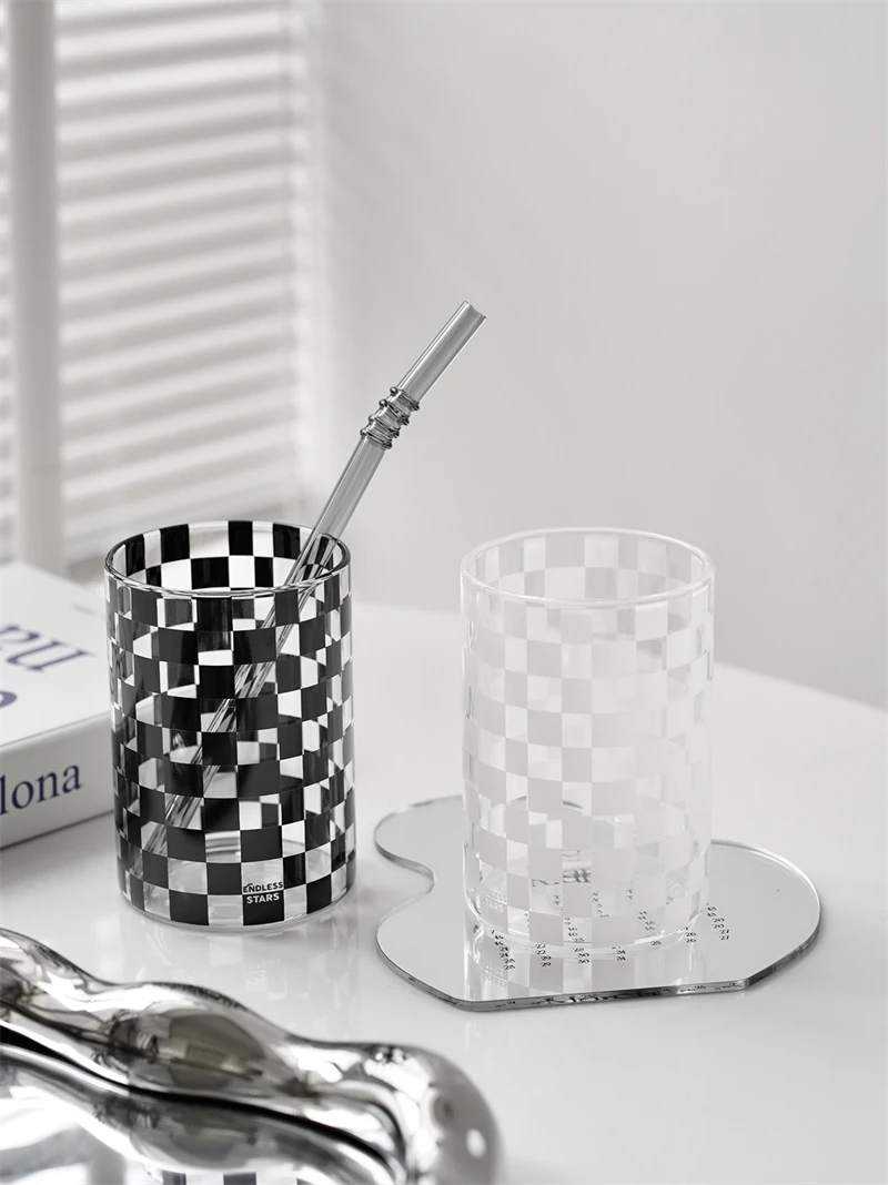 320ML White Black Checkerboard Plaid Drinkware Glass Water Cup Glass Heat-resistant Glass Mug Wine Coffee Cup Denim Cup