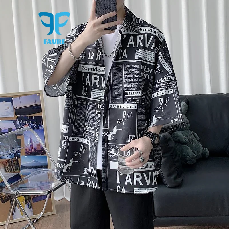 

FAVRE Casual Shirts Summer Men Short Sleeve Fashion Shirt Stamped Letters White Loose Lapel Coat