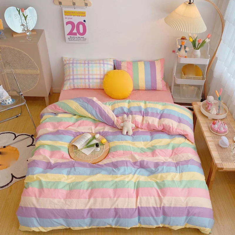 

Lovely Rainbow Stripes Bedding Set Candy Color Cotton Duvet Cover Set Bed Sheet Pillowcases Bedclothes Printing Quilt cover New