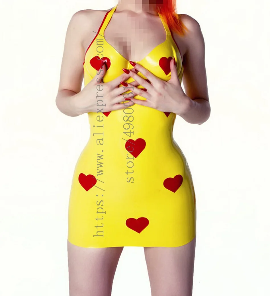 

Sweety style women's halter design yellow slim summer latex dress bondage with hearts patterns decorations