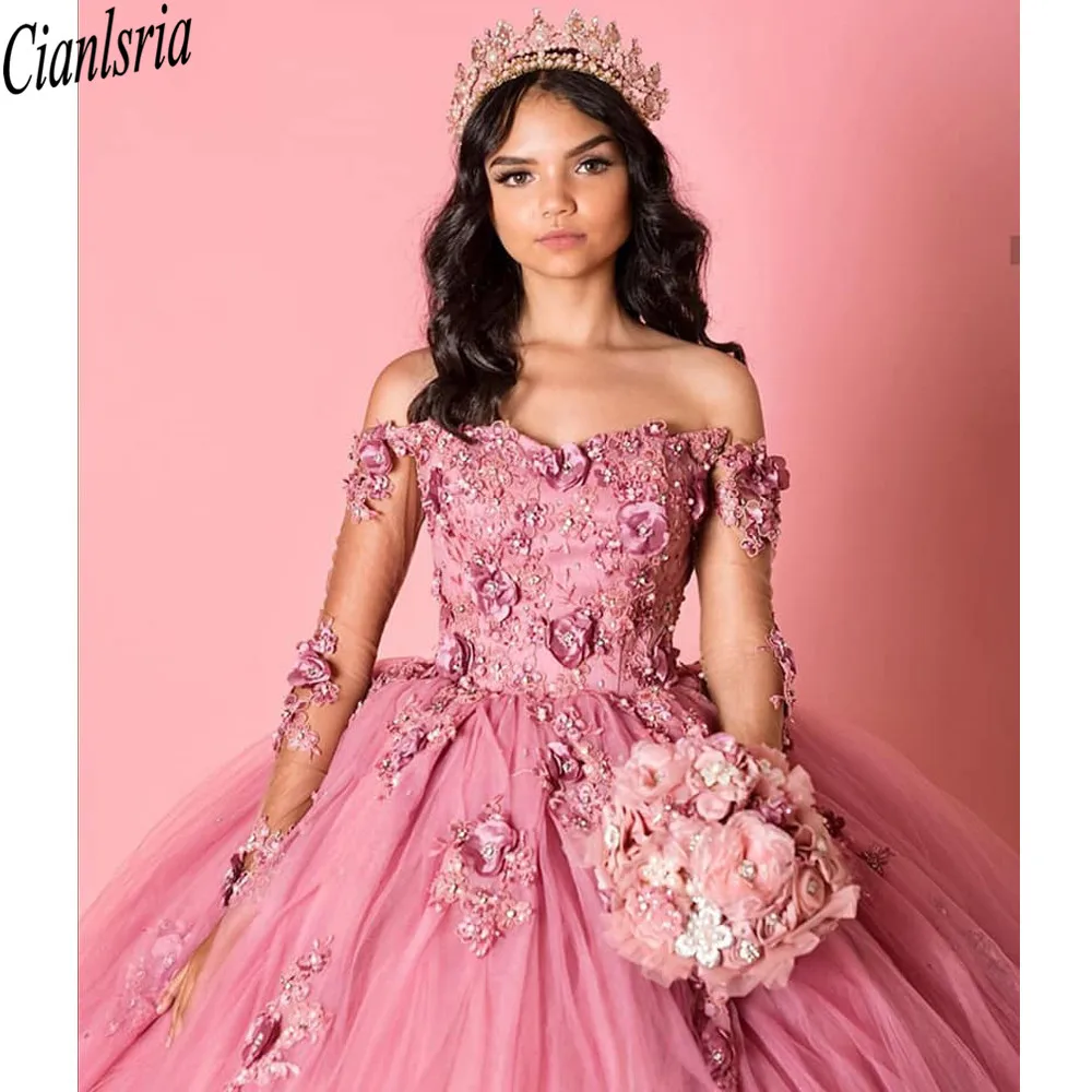 Vestidos de princesa rosa para quinceañera, vestidos de manga larga con hombros descubiertos, 15 vestidos brillantes para fiesta de cumpleaños, dulce 16, 2021