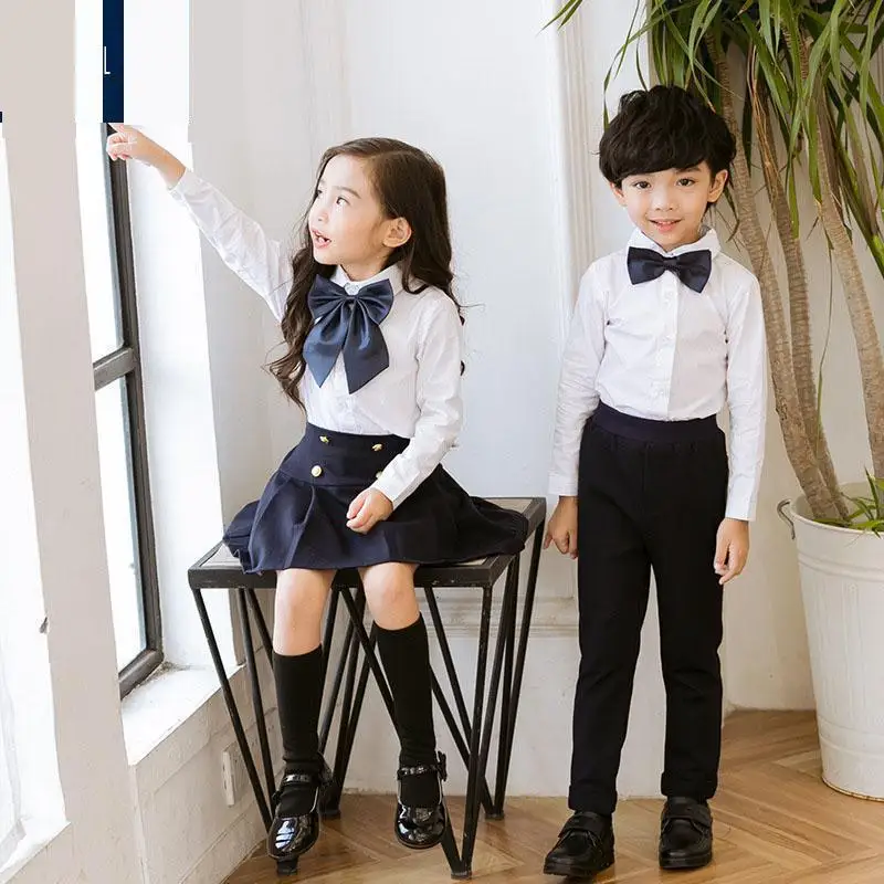 Uniformes escolares japoneses coreanos de algodón para niños, camisas blancas, falda azul marino, pantalones, conjuntos de ropa de jardín de infantes