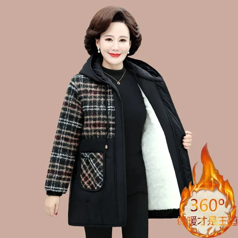 Mother's Padded Jacket And Velvet Thickened Hooded Winter Coat Middle-Aged And Elderly Women's Warm Plaid Cotton Clothes Female