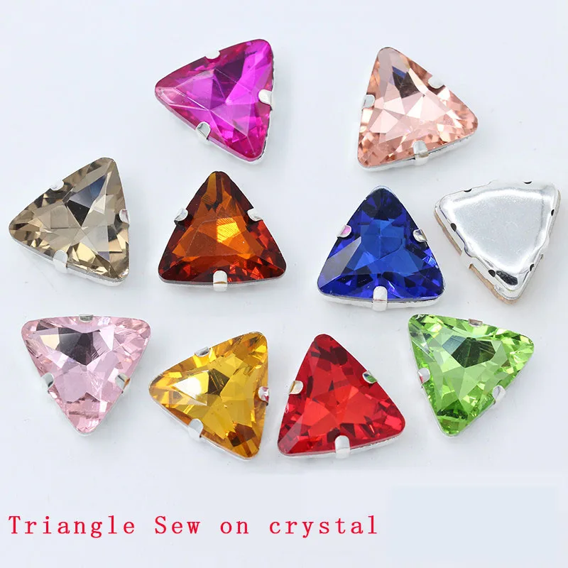 Crystal Glass triangle with silver claw rhinestone sew on Claw Setting glass stones for jewelry Clothing accessories decoration