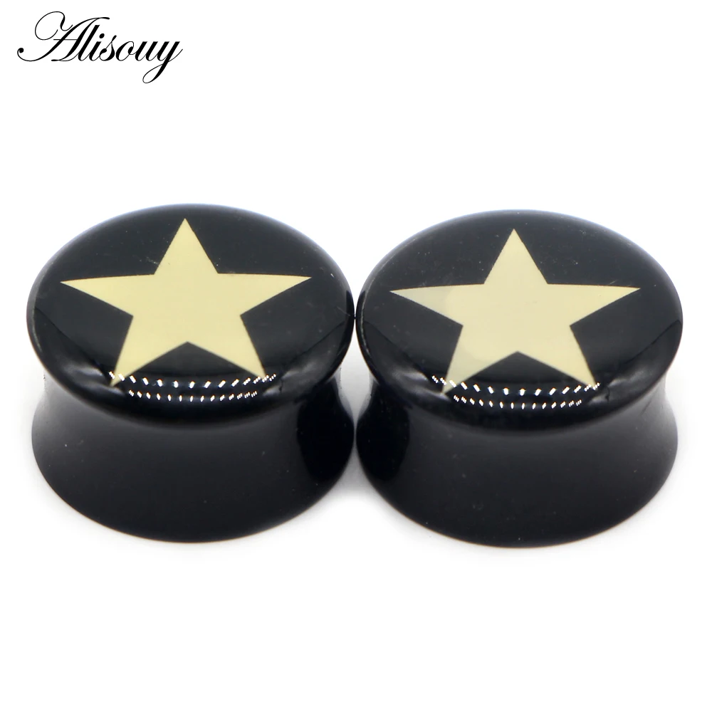 Alisouy 2pcs 4-25mm Ear Gauge Plugs Star Black Acrylic Screw Fit Flesh Tunnel Eyelet Stretchers Ear Plug Body Piercing Jewelry