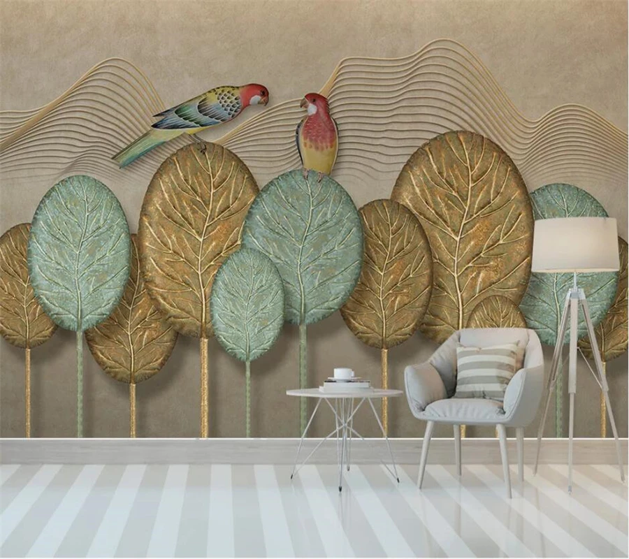 

beibehang Custom wallpaper 3d mural Nordic minimalistic abstract hand-painted golden leaves forest parrot background wall paper