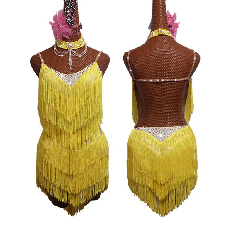 

New Latin Dance Dress Yellow Fringe Dress Sexy Backless 2019 Salsa Dress ChaCha Rumba Competition Dancing Dress Women BL2554