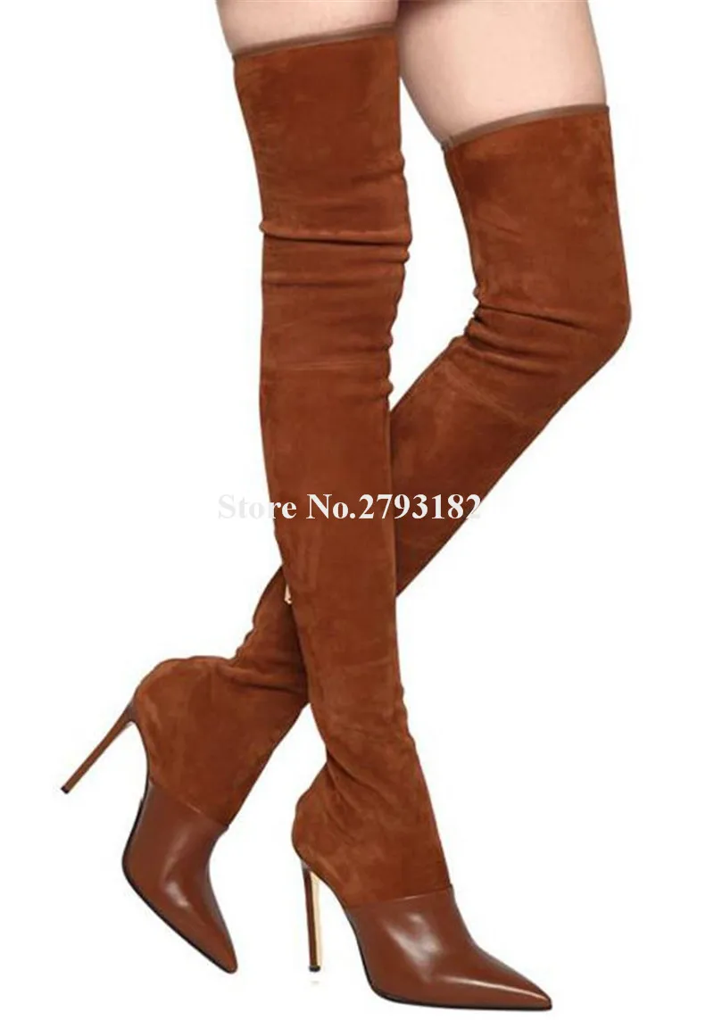 

Elegant Fashion Pointed toe Patchwork Over Knee Stiletto Heel Boots Slim Brown Black Thin Heel Long Boots Party Dress Shoes