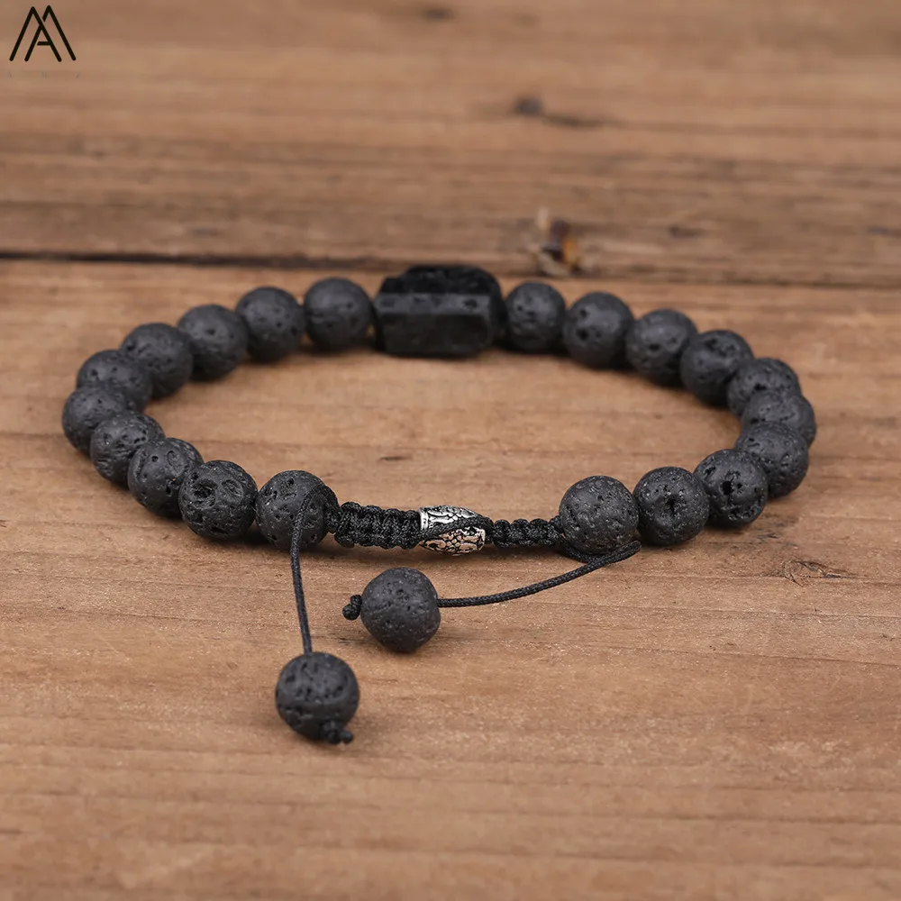 Natural Black Tourmaline 8mm Black Lava Stone Beads Cord Knotted Adjustable Bracelet Boho Women Mala Beads Bracelet N0384AMC.E