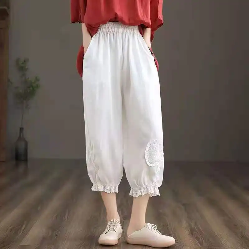 

New Autumn Cotton Linen Pants Capri Women Loose Classic White Mid Waisted Pants for Women Solid Calf-length Pink Pencil Trousers