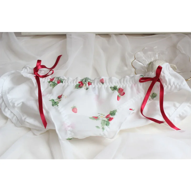 Strawberry Print Cute Lovely Style Girls Panties Sweet Soft Sexy Lace Knickers Underwear Princess Chiffon Ruffle Low Rise Briefs