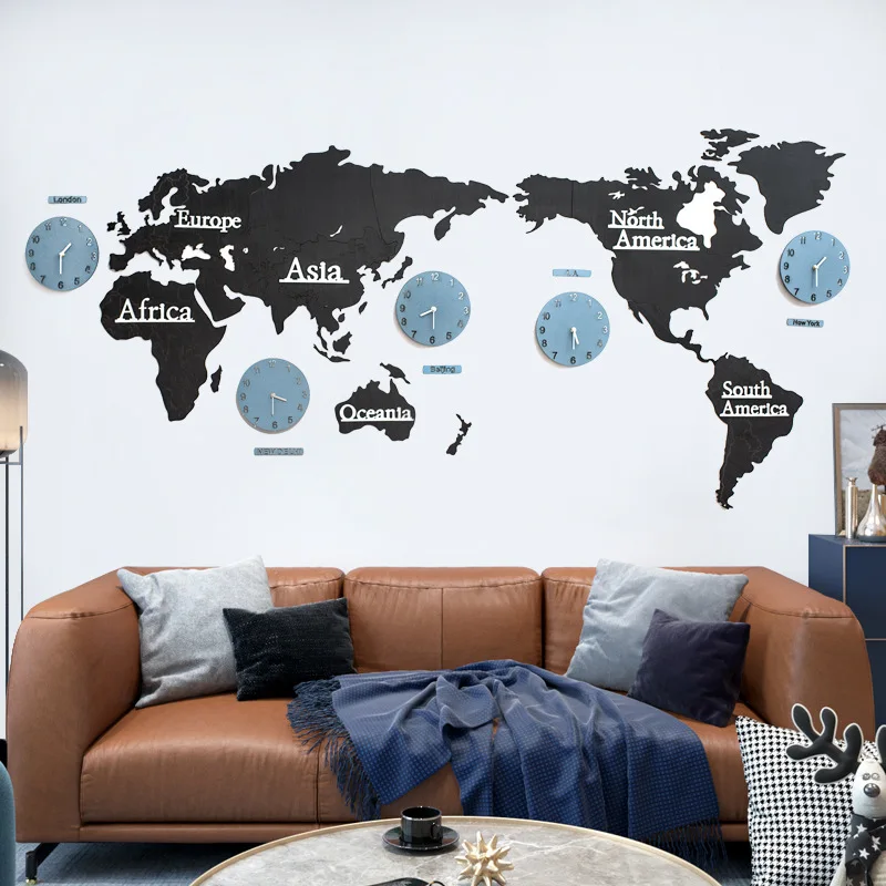 3D World map Wall clock Creativity Living room Hang decorations Digital wall clock Oversized Wood wall clock modern Home Decor