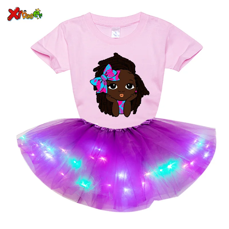 

Kids Dresses set Girls Short-sleeved T-shirt+LED Dress Clothing Sequins Stars Tutu Girls Casual School Wear Princess Party Dress