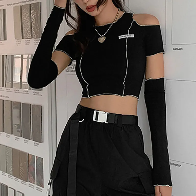 Frauen Emo Punk T-Shirts Egirl Rock Tops mit Handschuhen Hip Hop Goth Tank Y2k ästhetische Techwear dunkle Kleidung Party