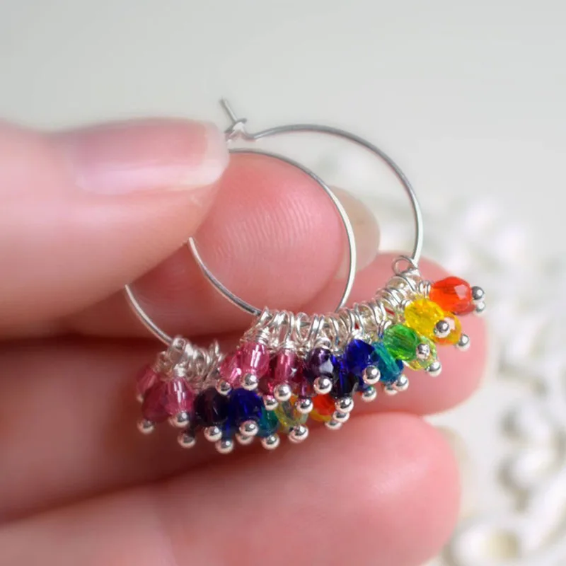 Rainbow Hoop Earrings, Silver, Czech Glass Beads, Beaded Cluster, Small Silver Plated Hoops, Bright and Fun, Colorful Jewelry