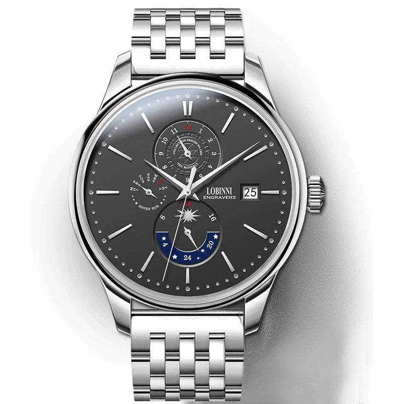 LOBINNI 316L สแตนเลสอัตโนมัติผู้ชายนาฬิกาข้อมือวันที่สัปดาห์เดือนผู้ชายนาฬิกา Sapphire กระจกกันน้ํา 50M นาฬิกา