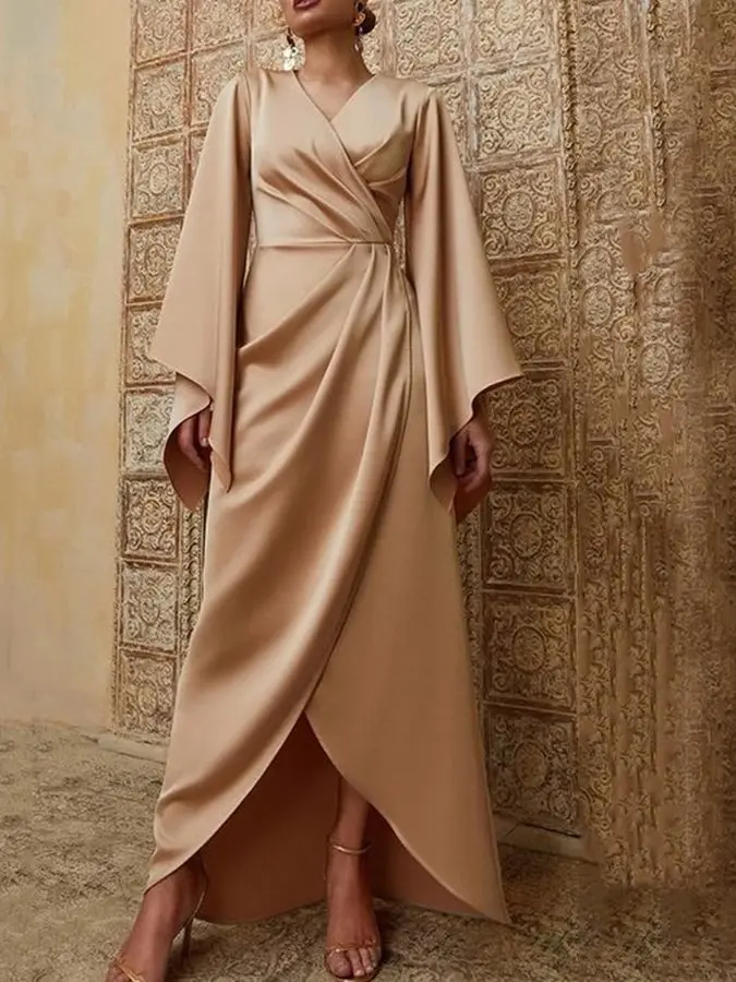 

Sexy Asymmetrical Satin Evening Dress 2022 V-neck Long Sleeve Prom Party Gown Arabic Dubai Vestidos Fiesta Robe De Soiree